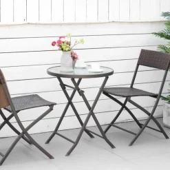 Conjunto de jardín Outsunny mesa+2 sillas plegables poliratán marrón