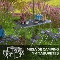 Conjunto de jardín Primrose Outsunny mesa + 4 taburetes plegables gris