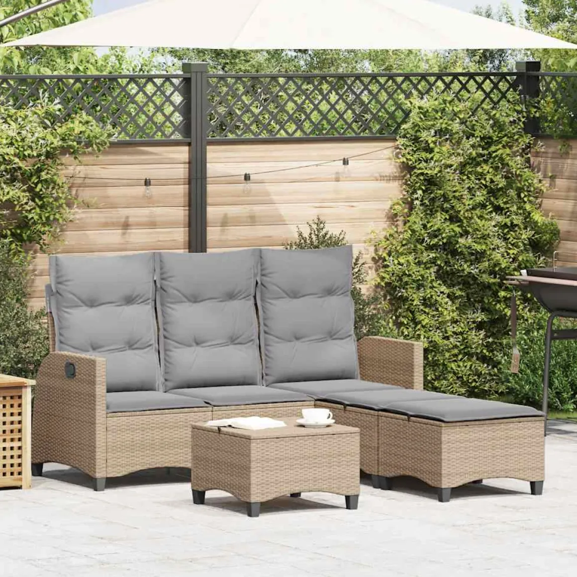 Conjunto de jardín Urki 3 plazas con cojines + reposapiés/mesa 83-91x176x138-125 cm