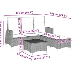 Conjunto de jardín Urki 3 plazas con cojines + reposapiés/mesa 83-91x176x138-125 cm