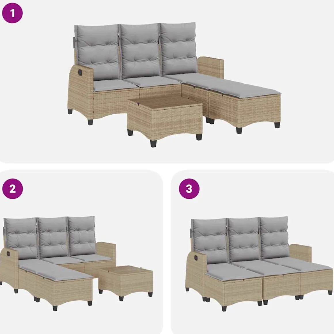 Conjunto de jardín Urki 3 plazas con cojines + reposapiés/mesa 83-91x176x138-125 cm