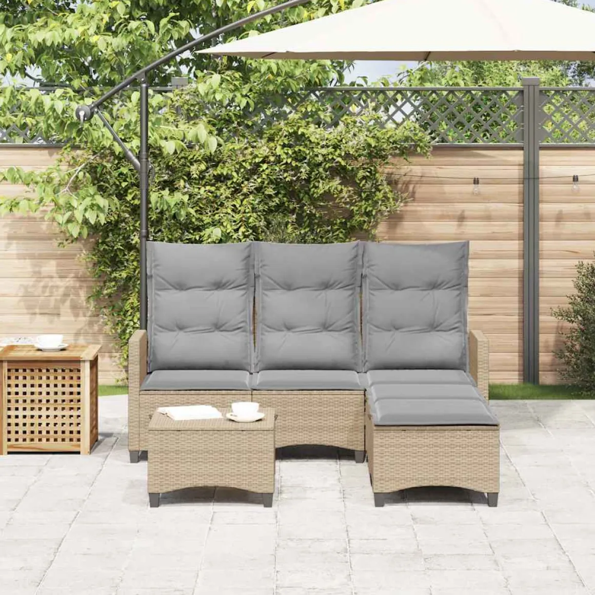 Conjunto de jardín Urki 3 plazas con cojines + reposapiés/mesa 83-91x176x138-125 cm