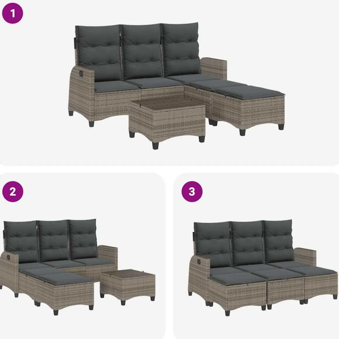 Conjunto de jardín Urki 3 plazas con cojines + reposapiés/mesa 83-91x176x138-125 cm