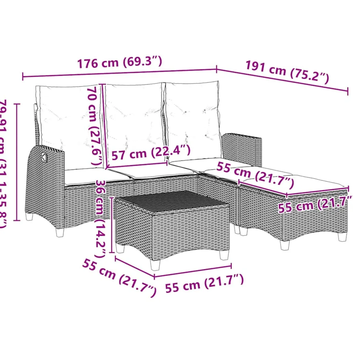 Conjunto de jardín Urki 3 plazas con cojines + reposapiés/mesa 83-91x176x138-125 cm