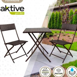 Conjunto de terraza Aktive Garden mesa+2 sillas plegables ratán negro