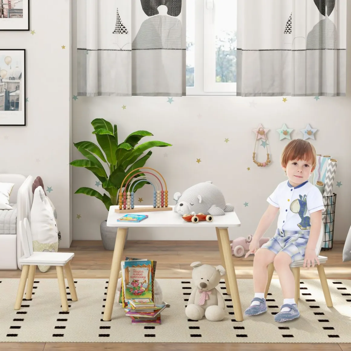 Conjunto infantil Dalia Aiyaplay mesa + 2 sillas +3A blanco/natural