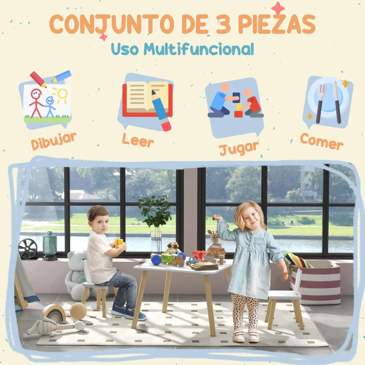 Conjunto infantil Dalia Aiyaplay mesa + 2 sillas +3A blanco/natural