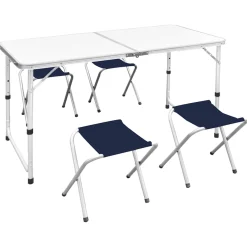 Conjunto para camping mesa + 4 taburetes plegables altura regulable blanco/azul