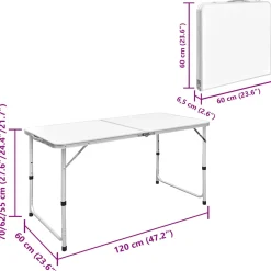 Conjunto para camping mesa + 4 taburetes plegables altura regulable blanco/azul