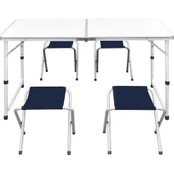 Conjunto para camping mesa + 4 taburetes plegables altura regulable blanco/azul