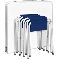 Conjunto para camping mesa + 4 taburetes plegables altura regulable blanco/azul