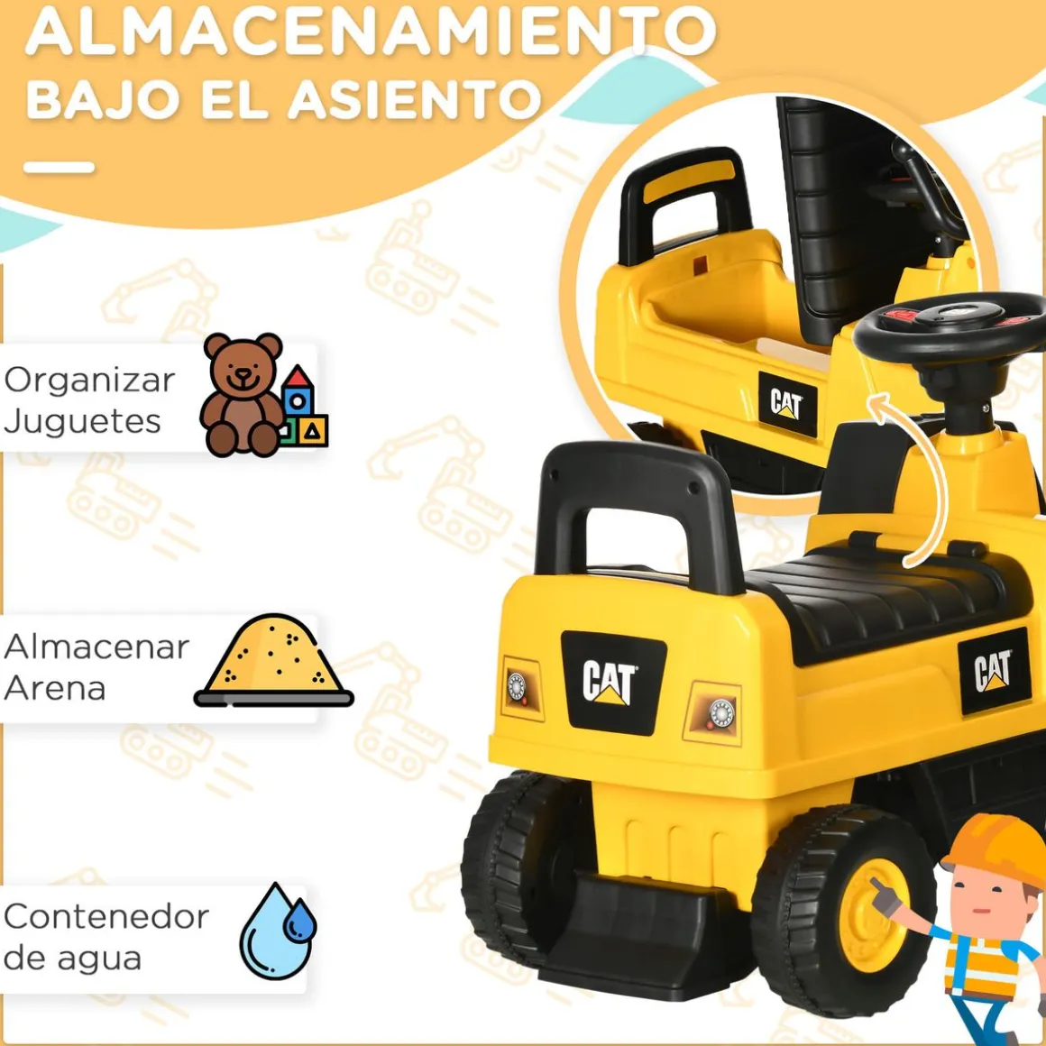 Correpasillos Excavadora Homcom con accesorios y licencia CAT amarillo 47,5x27,5x85 cm