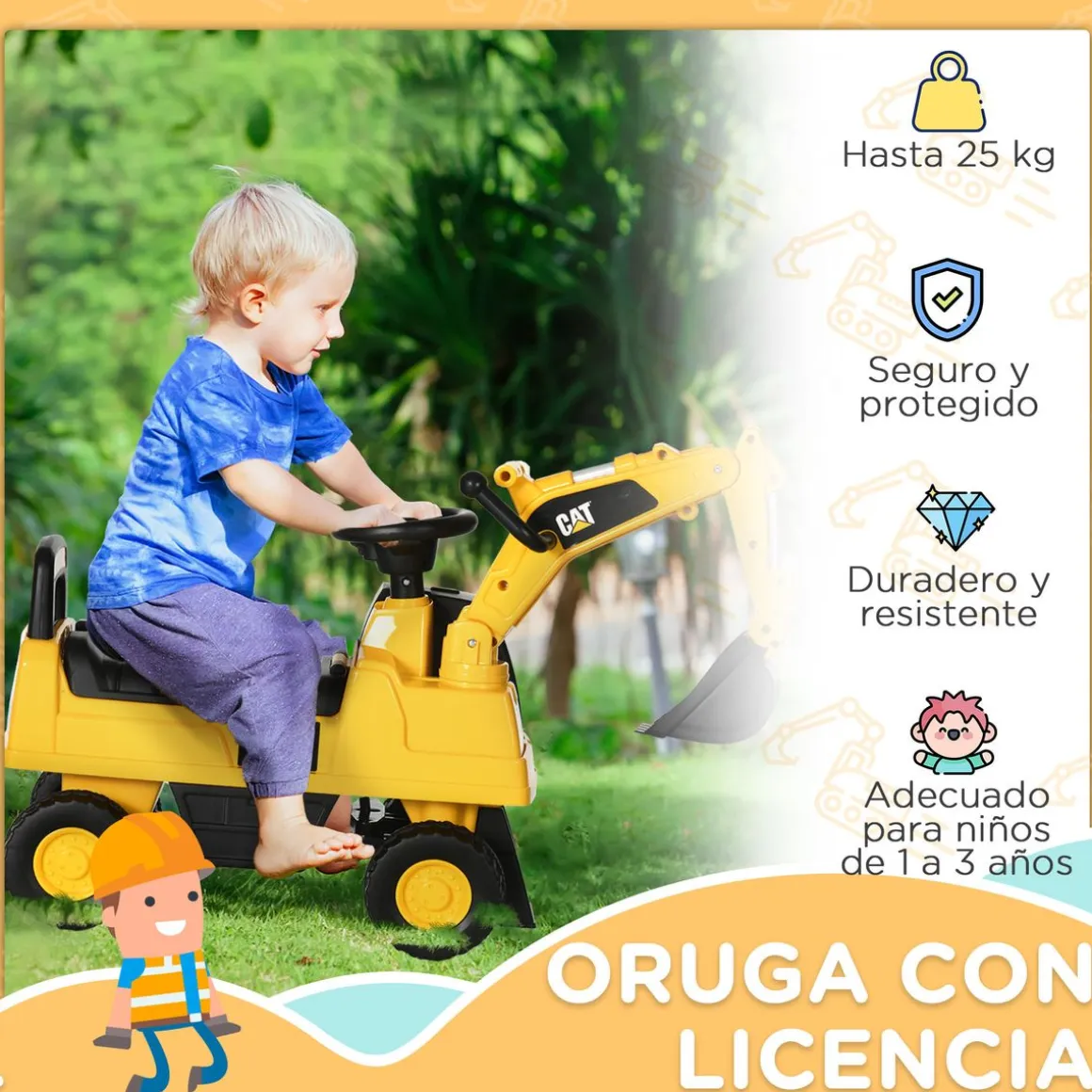 Correpasillos Excavadora Homcom con accesorios y licencia CAT amarillo 47,5x27,5x85 cm
