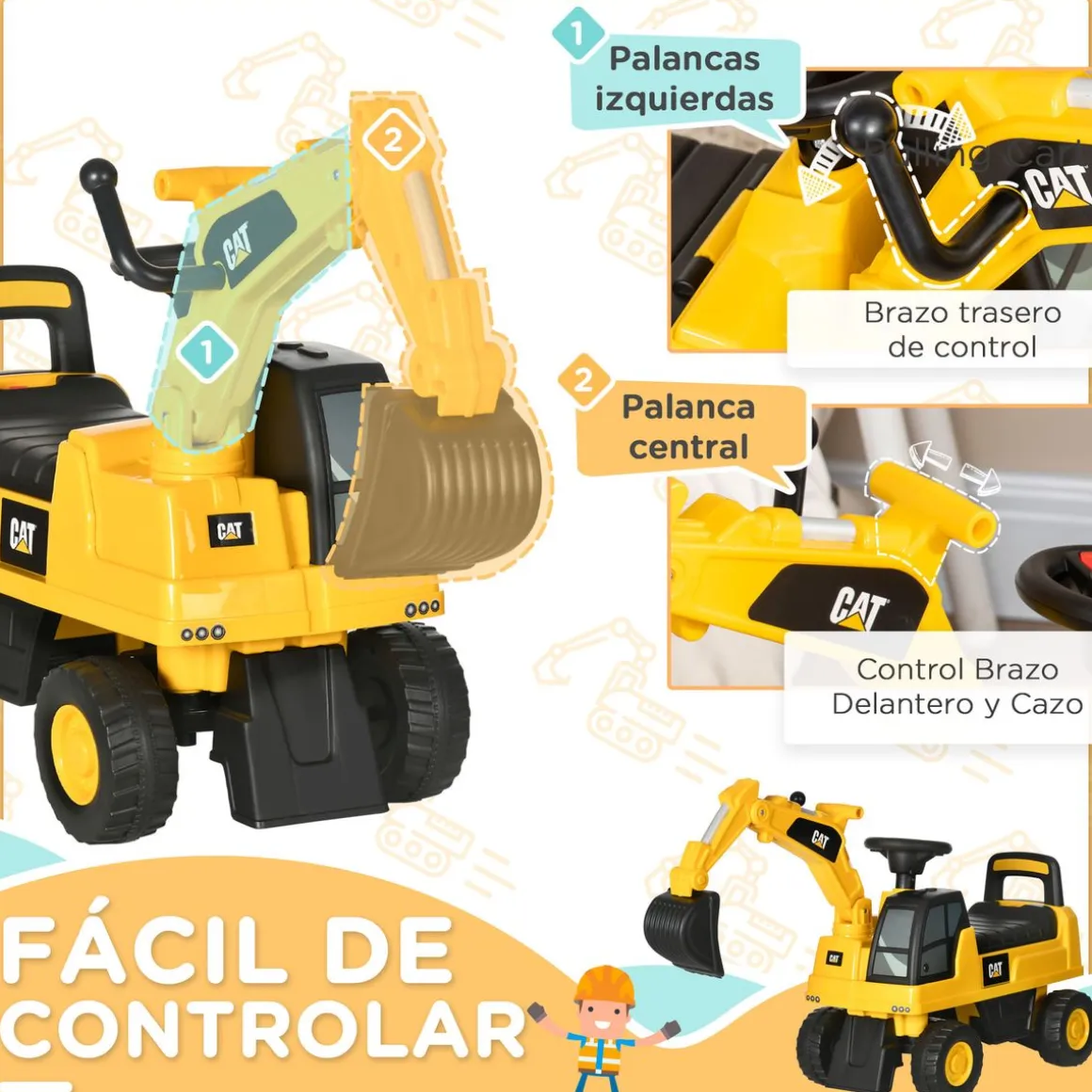 Correpasillos Excavadora Homcom con accesorios y licencia CAT amarillo 47,5x27,5x85 cm