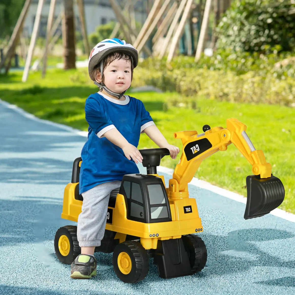 Correpasillos Excavadora Homcom con accesorios y licencia CAT amarillo 47,5x27,5x85 cm