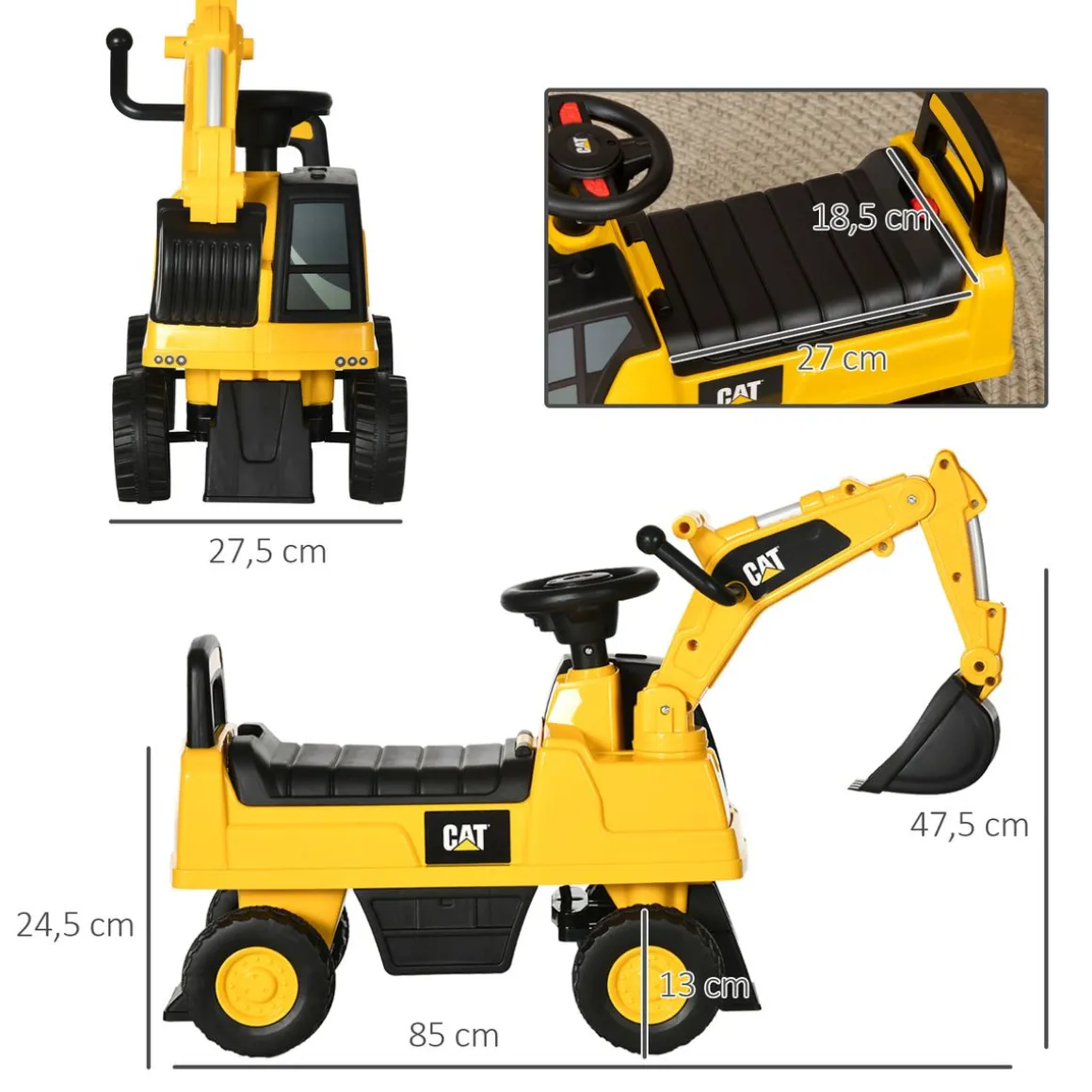 Correpasillos Excavadora Homcom con accesorios y licencia CAT amarillo 47,5x27,5x85 cm