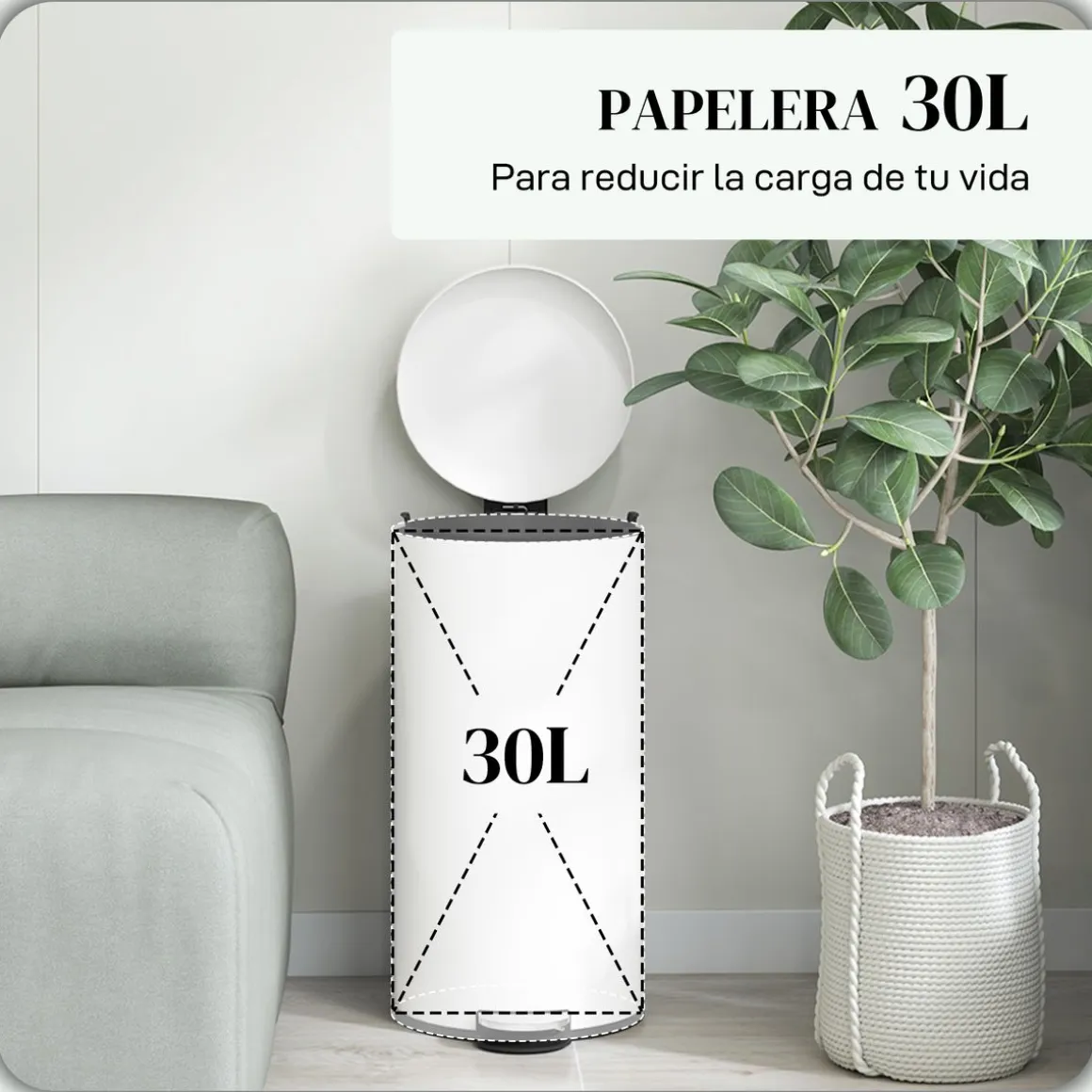 Cubo de basura Vela Homcom 30L con pedal + cubo extraíble blanco Ø36x63,5 cm