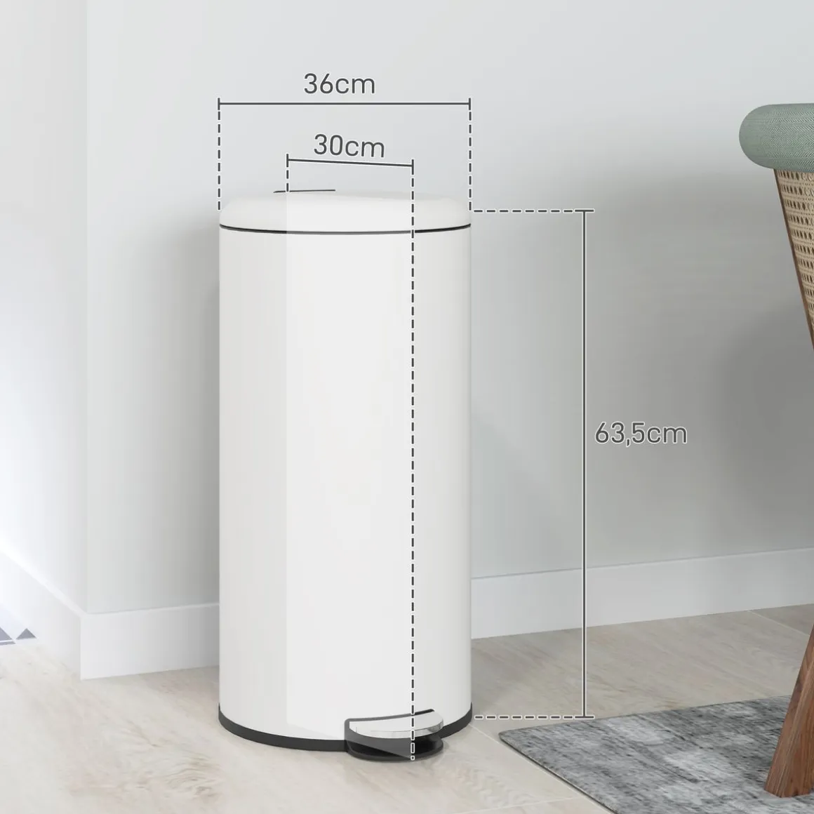 Cubo de basura Vela Homcom 30L con pedal + cubo extraíble blanco Ø36x63,5 cm