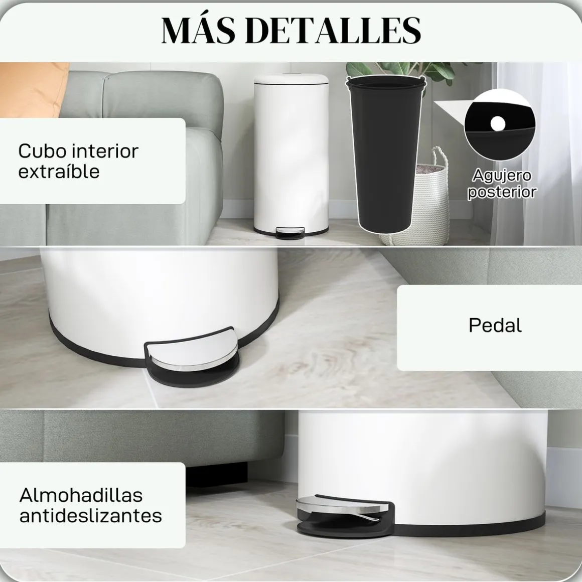 Cubo de basura Vela Homcom 30L con pedal + cubo extraíble blanco Ø36x63,5 cm