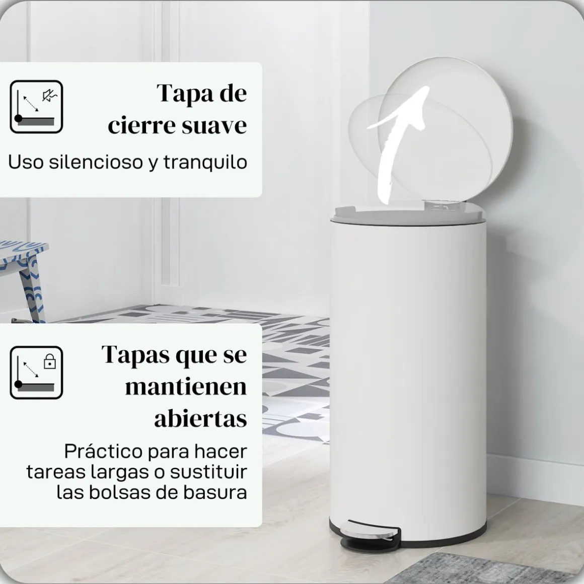 Cubo de basura Vela Homcom 30L con pedal + cubo extraíble blanco Ø36x63,5 cm