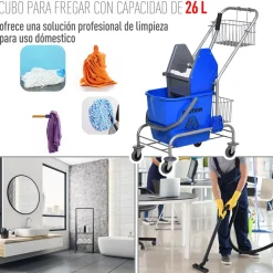 Cubo de fregar Homcom 26L con ruedas + cestas + escurridor a presión azul 95x73x45 cm