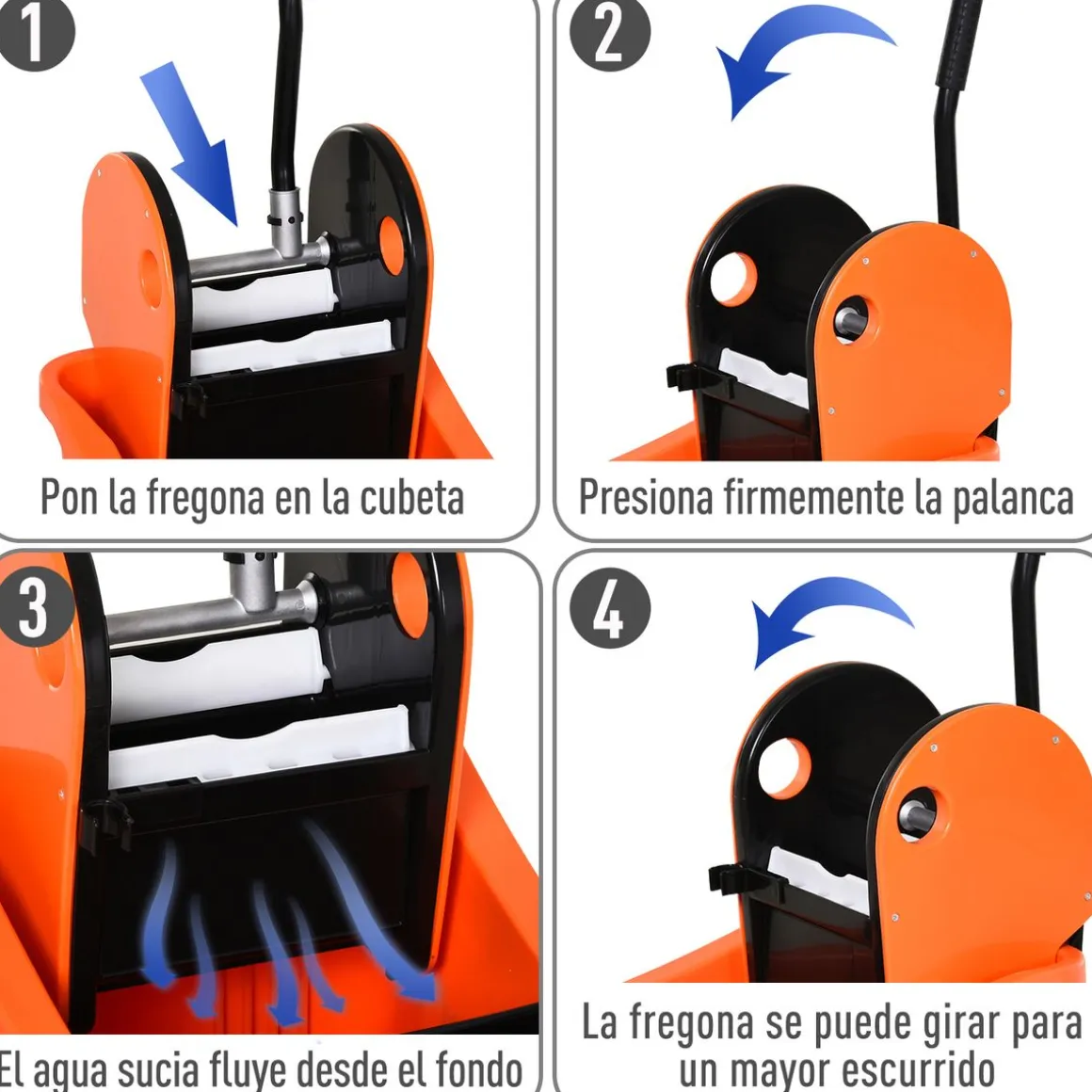 Cubo de fregona Homcom 36L escurridor de presión con ruedas naranja 91,5x54x41 cm