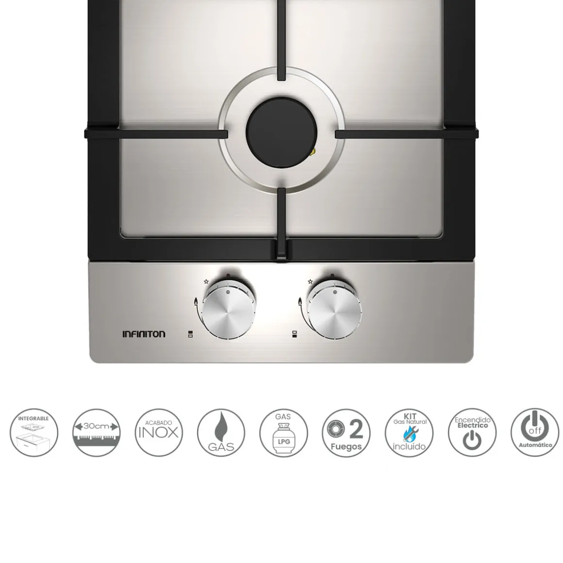Encimera de gas Infiniton GAS-IX02 4300W 2 fuegos inox 30 cm