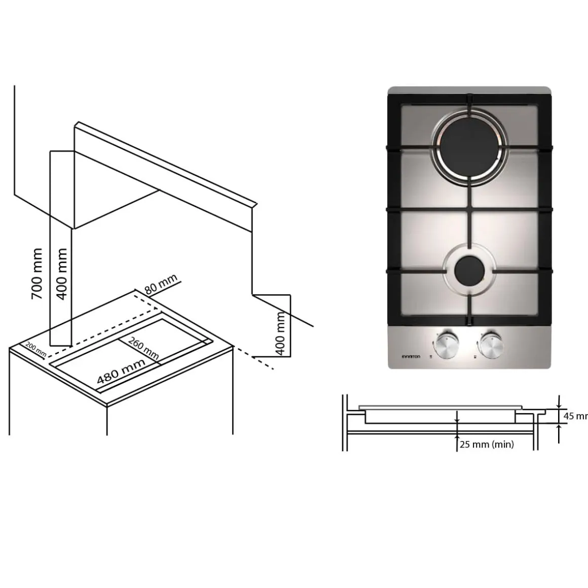 Encimera de gas Infiniton GAS-IX02 4300W 2 fuegos inox 30 cm