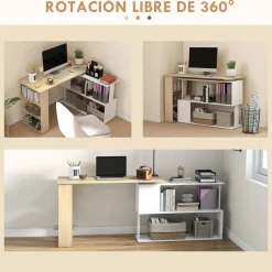 Escritorio Aventa Homcom multiposición 360º blanco/natural 74,5x120x110 cm