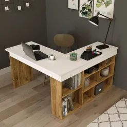 Escritorio Bihar esquinero con estantes natural/blanco 72x115x120 cm