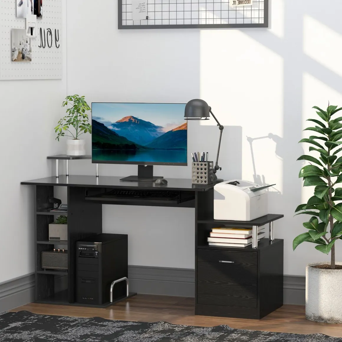 Escritorio Creew Homcom 6 estantes + cajón + bandeja + soportes negro 88x152x60 cm