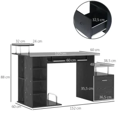 Escritorio Creew Homcom 6 estantes + cajón + bandeja + soportes negro 88x152x60 cm