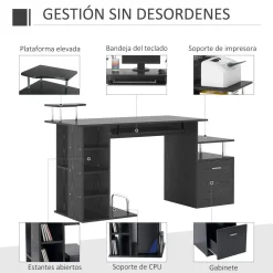 Escritorio Creew Homcom 6 estantes + cajón + bandeja + soportes negro 88x152x60 cm