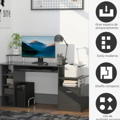 Escritorio Creew Homcom 6 estantes + cajón + bandeja + soportes negro 88x152x60 cm