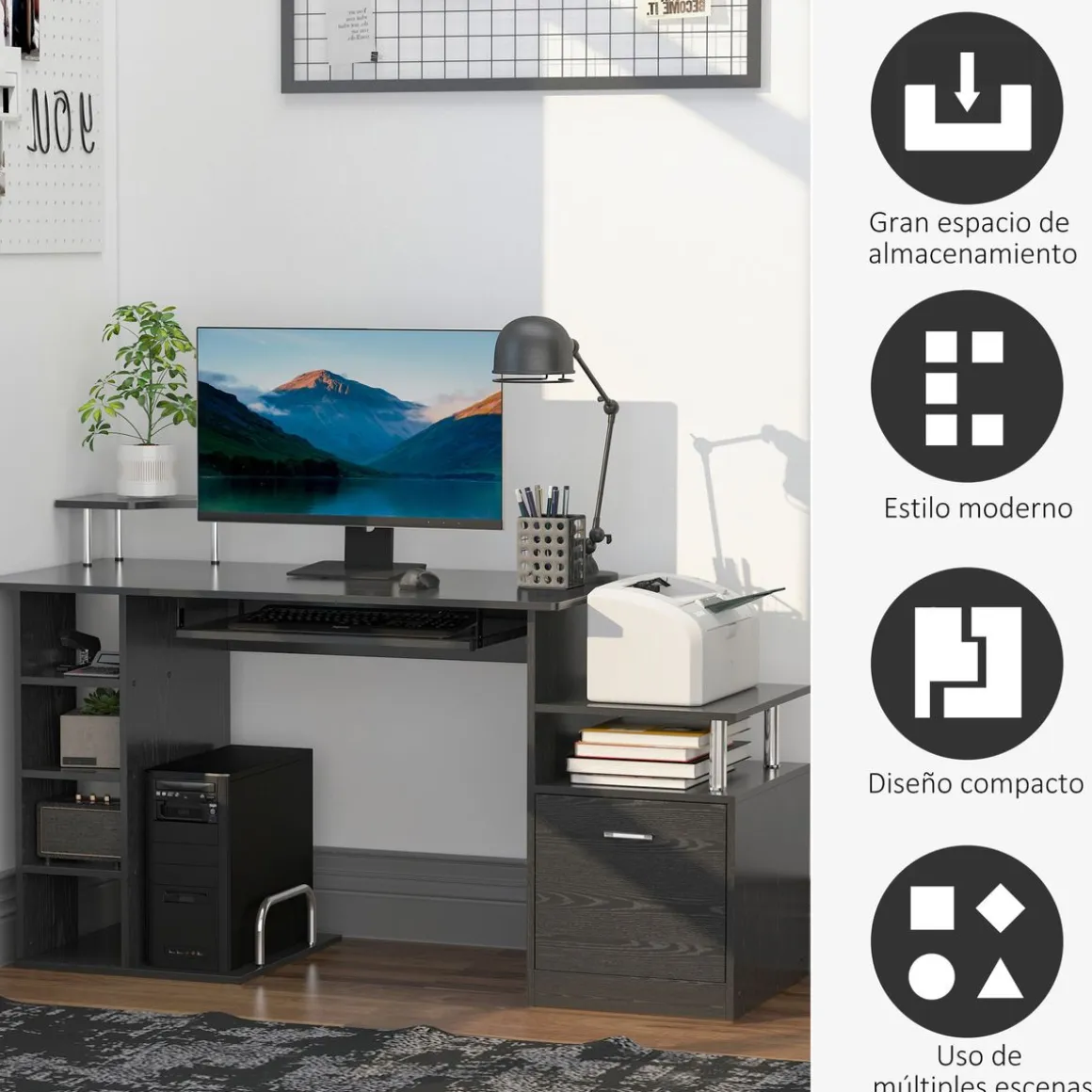 Escritorio Creew Homcom 6 estantes + cajón + bandeja + soportes negro 88x152x60 cm