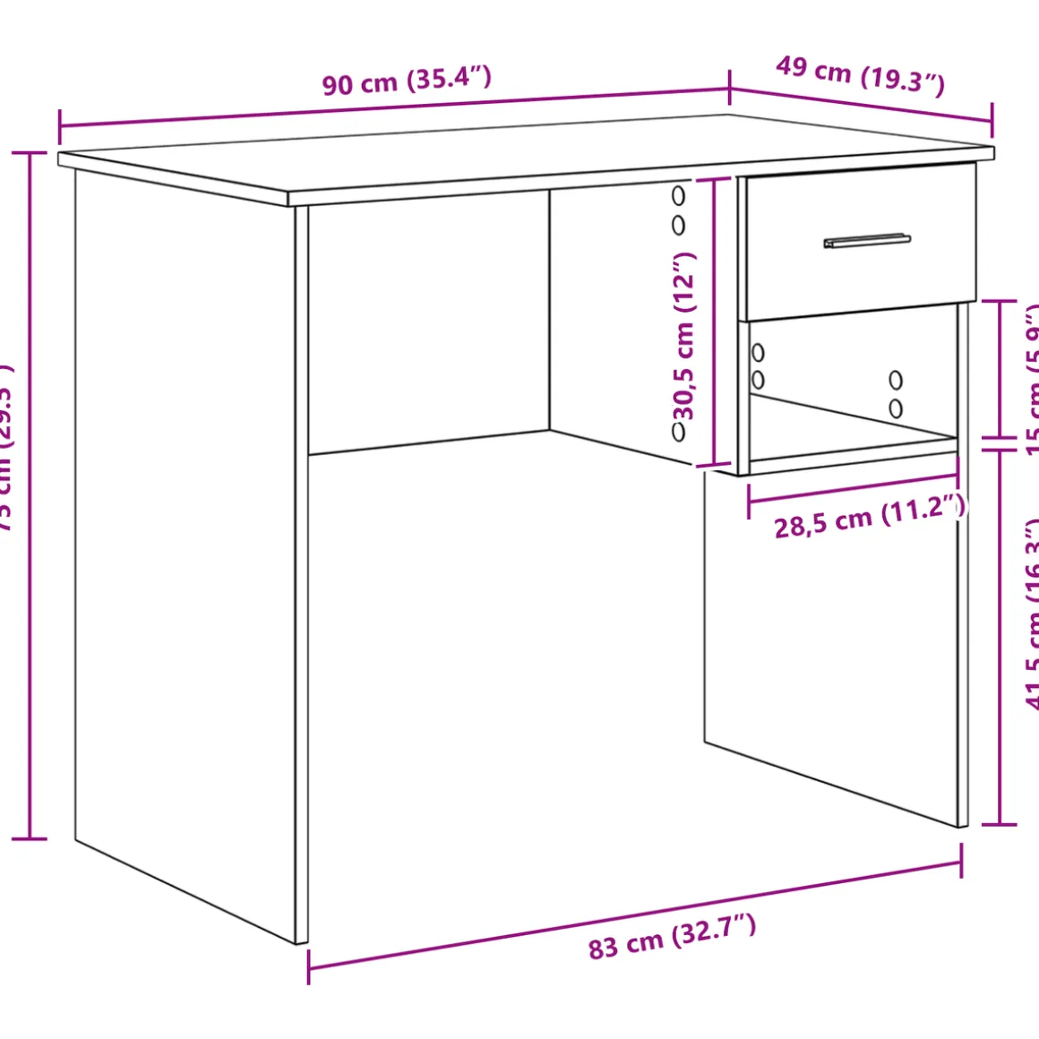 Escritorio Fang con cajón y compartimento 75x90x49 cm