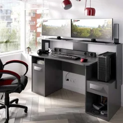 Escritorio gaming Fosk 2 compartimentos con cajón y armario grafito