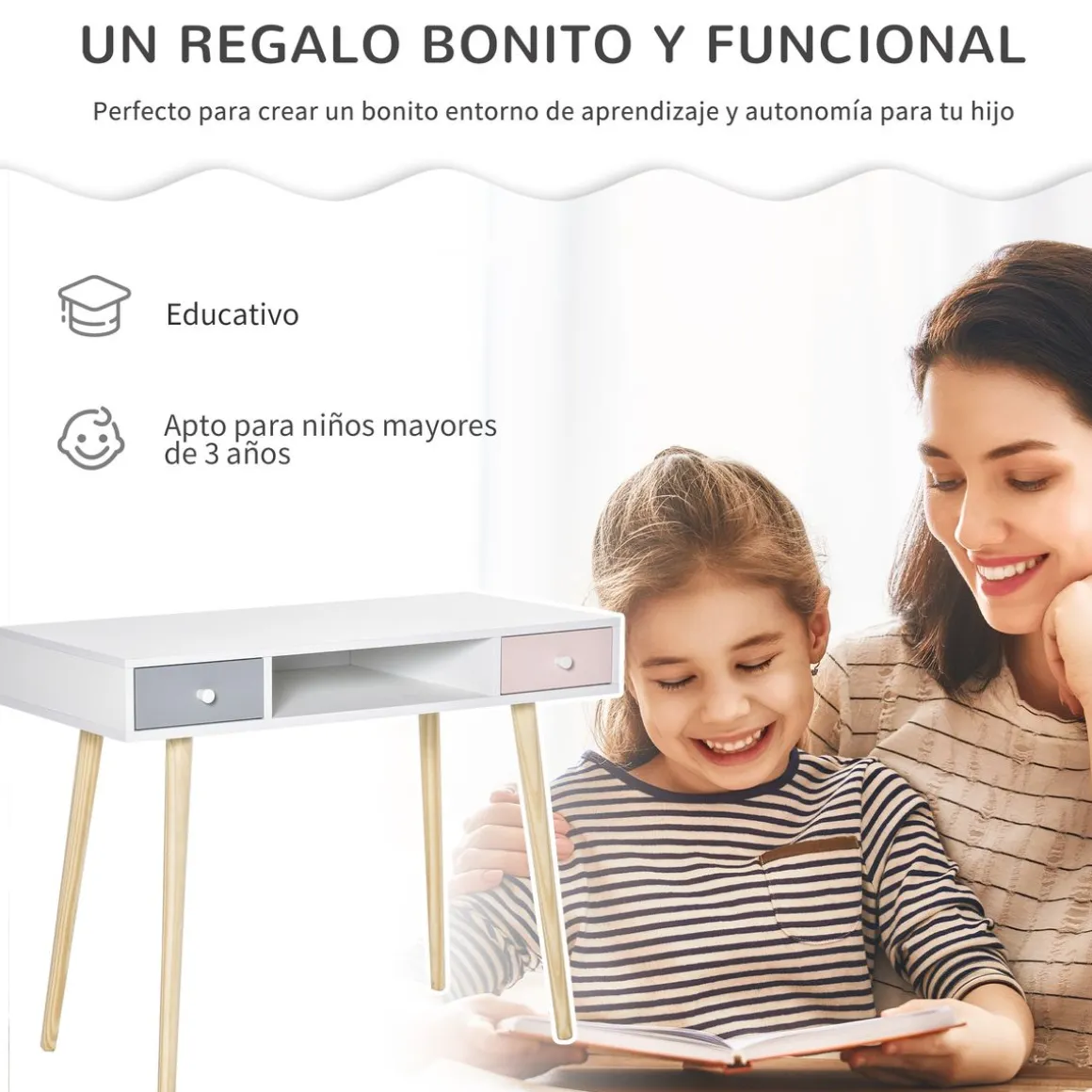 Escritorio infantil Maui homcom 2 cajones + 1 hueco blanco 76,5x100x48 cm