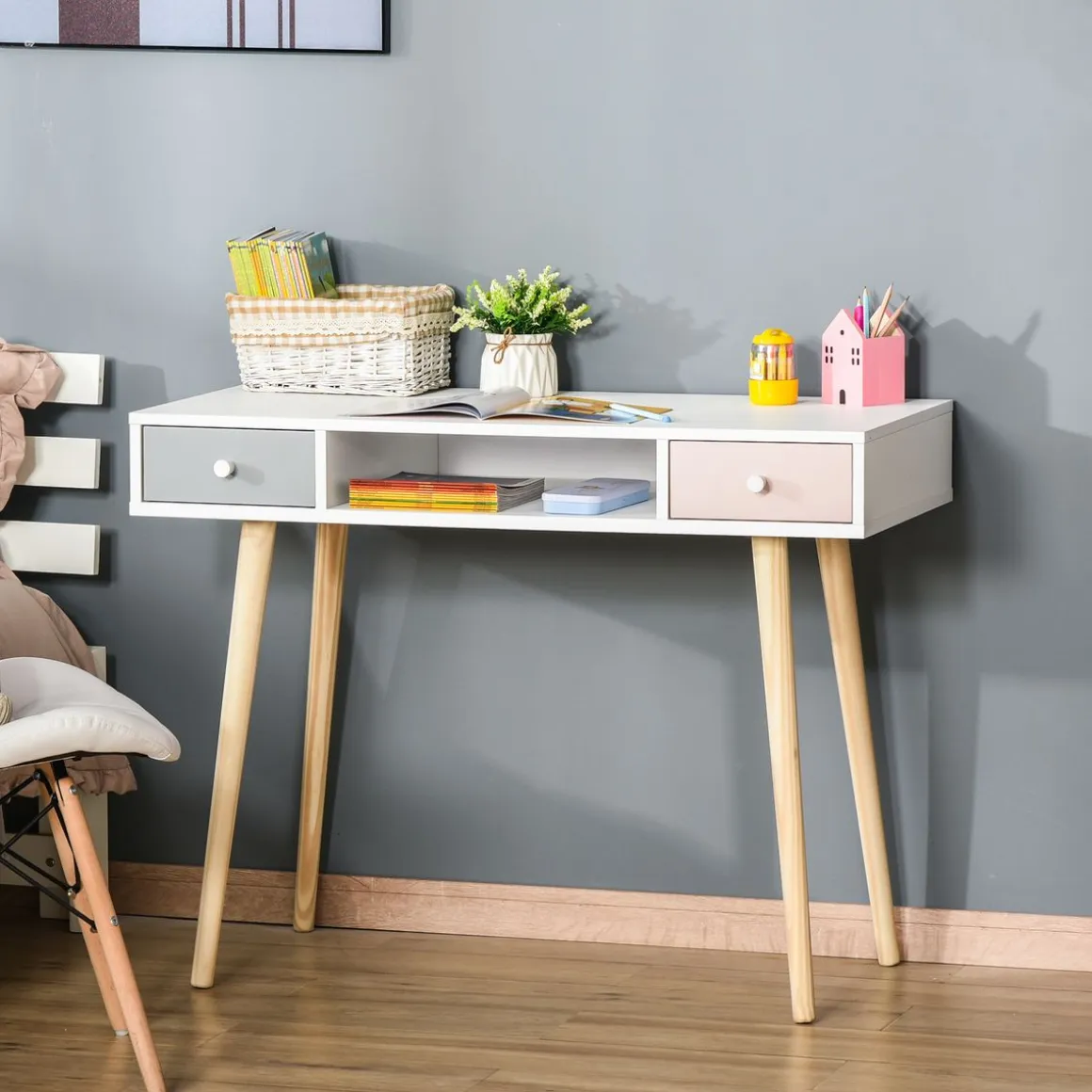 Escritorio infantil Maui homcom 2 cajones + 1 hueco blanco 76,5x100x48 cm