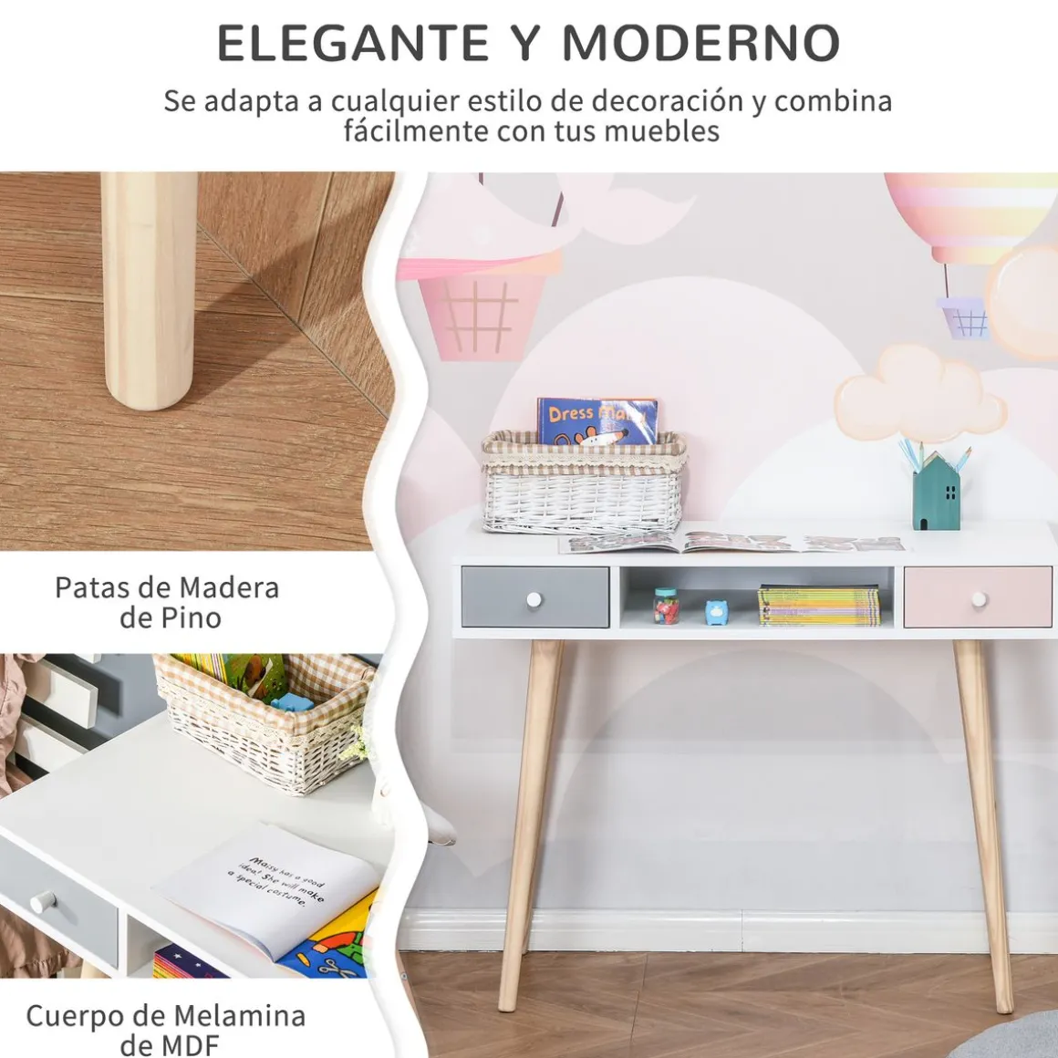 Escritorio infantil Maui homcom 2 cajones + 1 hueco blanco 76,5x100x48 cm