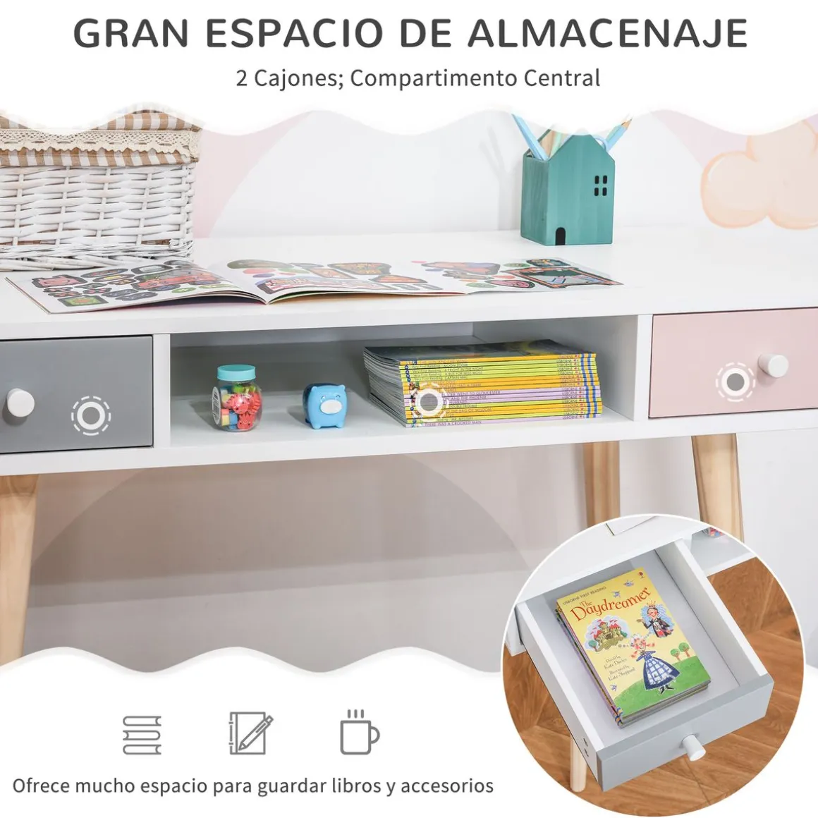 Escritorio infantil Maui homcom 2 cajones + 1 hueco blanco 76,5x100x48 cm