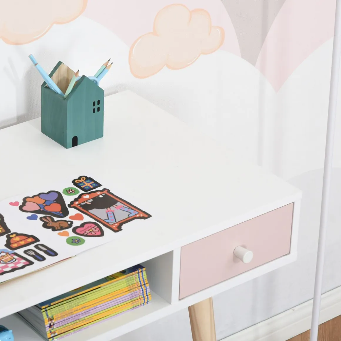 Escritorio infantil Maui homcom 2 cajones + 1 hueco blanco 76,5x100x48 cm