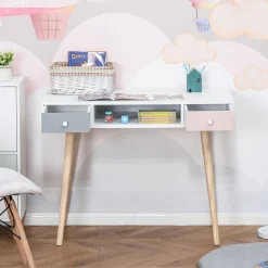 Escritorio infantil Maui homcom 2 cajones + 1 hueco blanco 76,5x100x48 cm