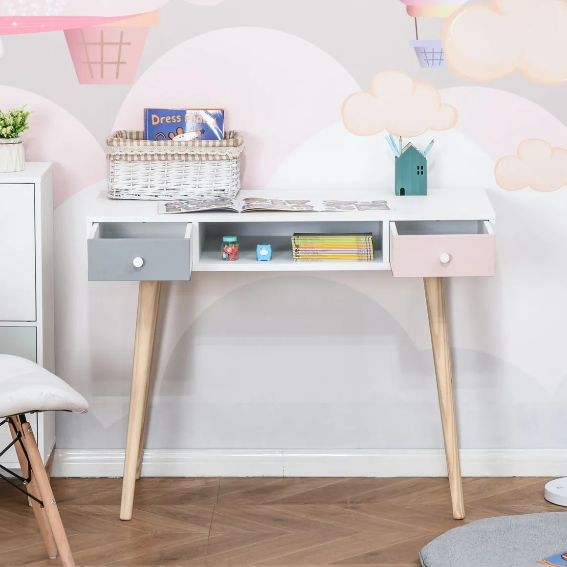 Escritorio infantil Maui homcom 2 cajones + 1 hueco blanco 76,5x100x48 cm