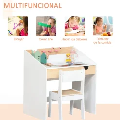 Escritorio infantil Niebla Homcom con silla + cajón + estante +3 a 6 años blanco/natural 75x70x50 cm