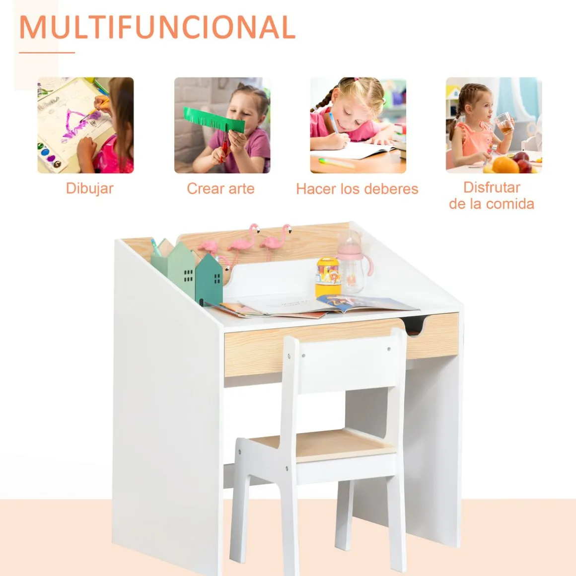 Escritorio infantil Niebla Homcom con silla + cajón + estante +3 a 6 años blanco/natural 75x70x50 cm