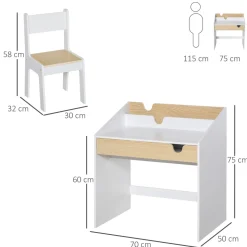 Escritorio infantil Niebla Homcom con silla + cajón + estante +3 a 6 años blanco/natural 75x70x50 cm