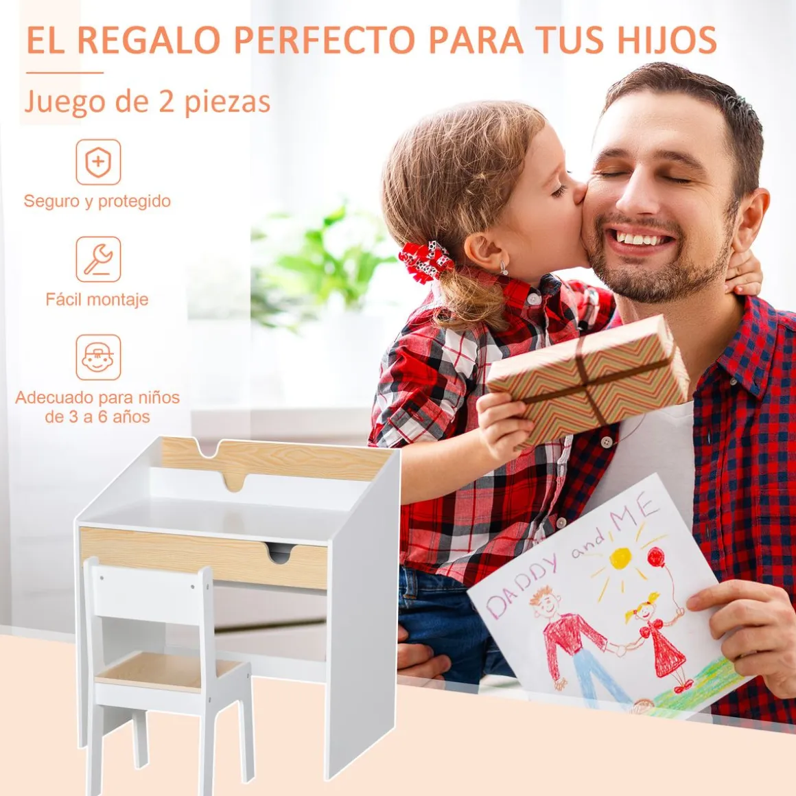 Escritorio infantil Niebla Homcom con silla + cajón + estante +3 a 6 años blanco/natural 75x70x50 cm