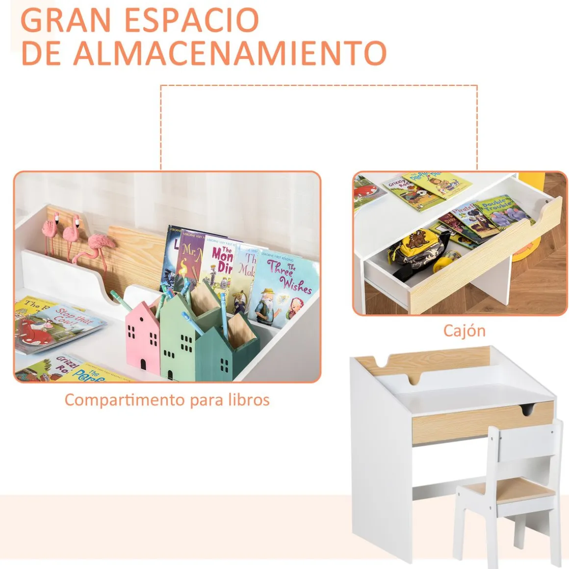 Escritorio infantil Niebla Homcom con silla + cajón + estante +3 a 6 años blanco/natural 75x70x50 cm
