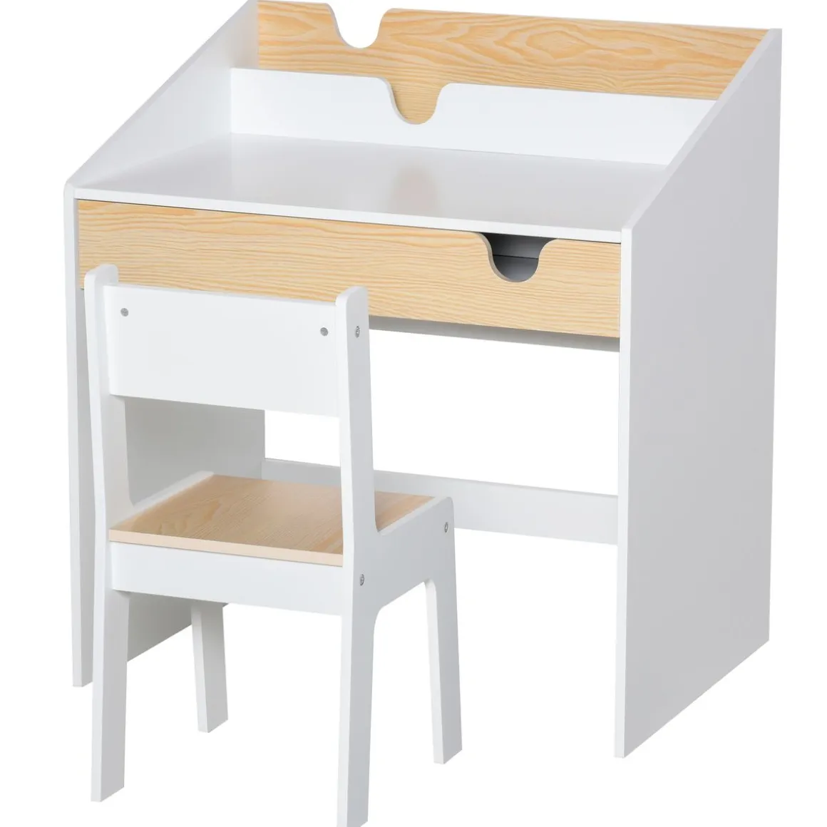 Escritorio infantil Niebla Homcom con silla + cajón + estante +3 a 6 años blanco/natural 75x70x50 cm